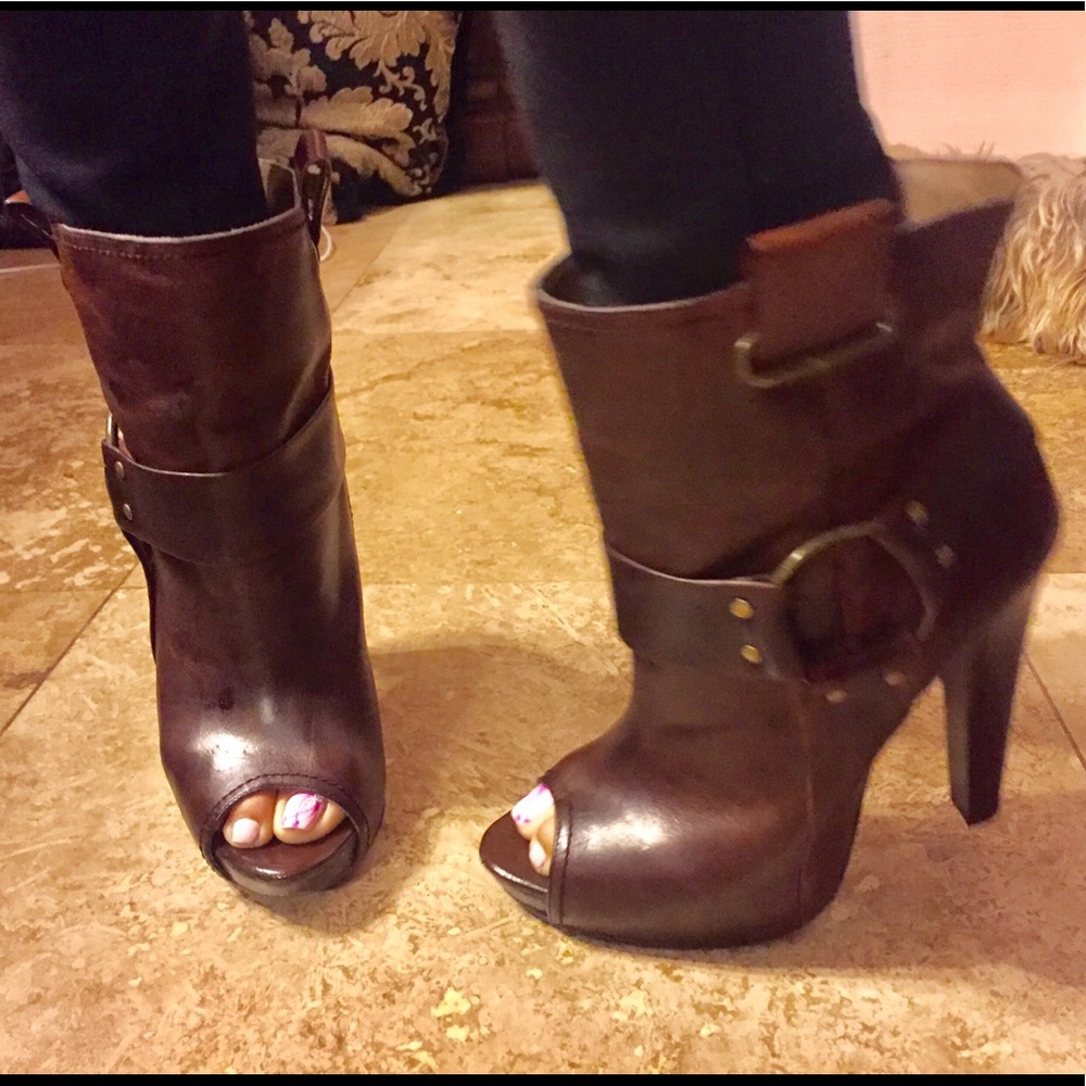 Brown Distressed Leather Peep Toe Booties